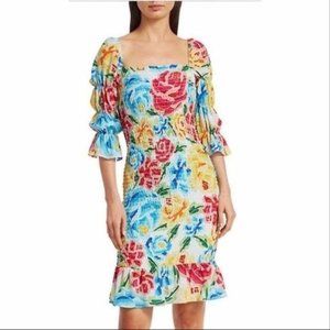 ALL THINGS MOCHI MARIANA FLORAL SHIRRED SILK RUFFLE PUFF 3/4 SLEEVE BODYCON DRES